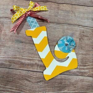 Handmade Decorative Chevron Monogram Letter with Ribbon and Fabric Flower